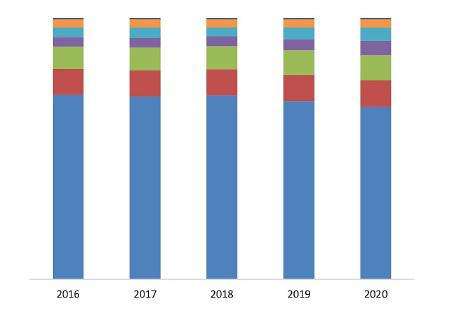 Выручка (нетто) от реализации искусственных елок по федеральным округам за 2016-2020 гг., %