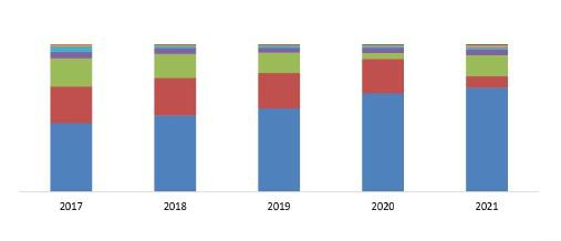 Выручка (нетто) от реализации шампуня для волос по федеральным округам за 2017–2021 гг., %