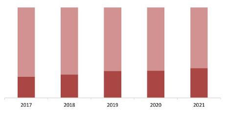 Соотношение импортной и отечественной продукции на рынке шампуня для волос, 2017–2021 гг., %