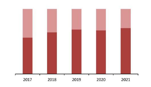 Соотношение импортной и отечественной продукции на рынке токарных станков, 2017–2021 гг., %