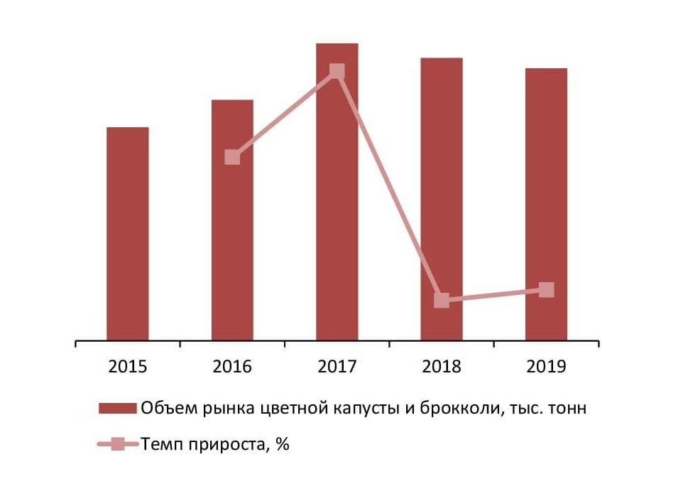 Динамика объема рынка цветной капусты и брокколи, 2015 – 2019 гг., тыс. тонн
