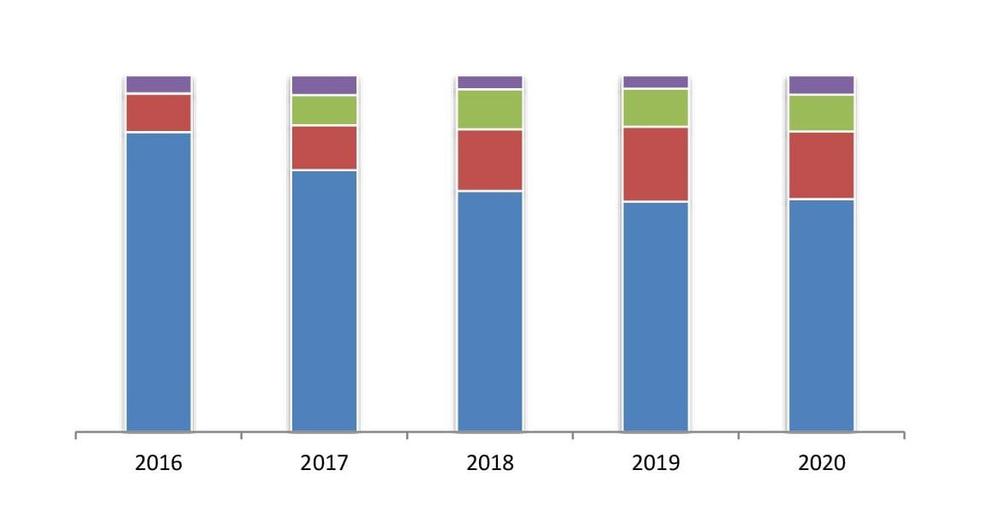 Выручка (нетто) от реализации сухих супов и бульонов по федеральным округам за 2016-2020 гг., %