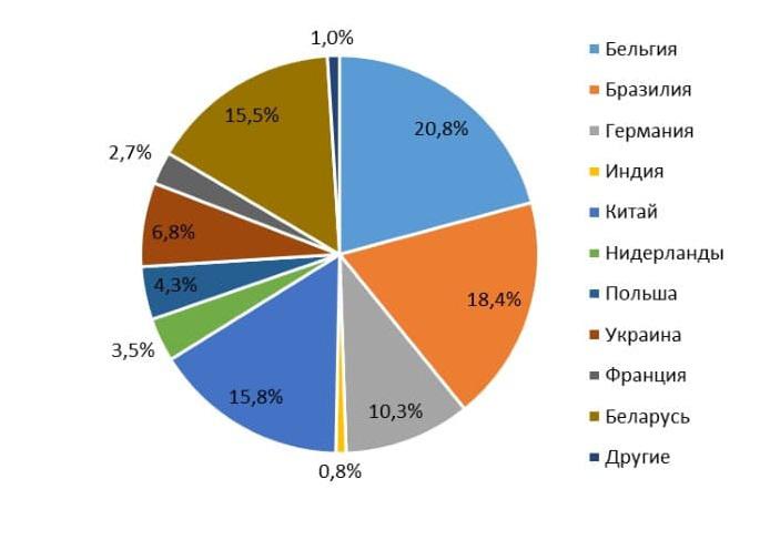  Структура импорта желатина России по странам, 2019г., %